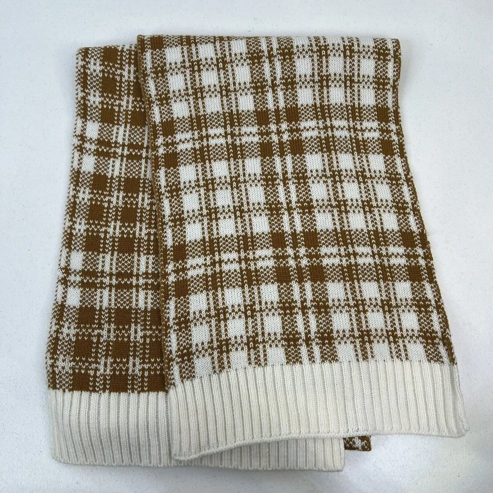 Timberland Scarf Knit Plaid Tan White Acrylic Winter Outdoor Logo Patch Street